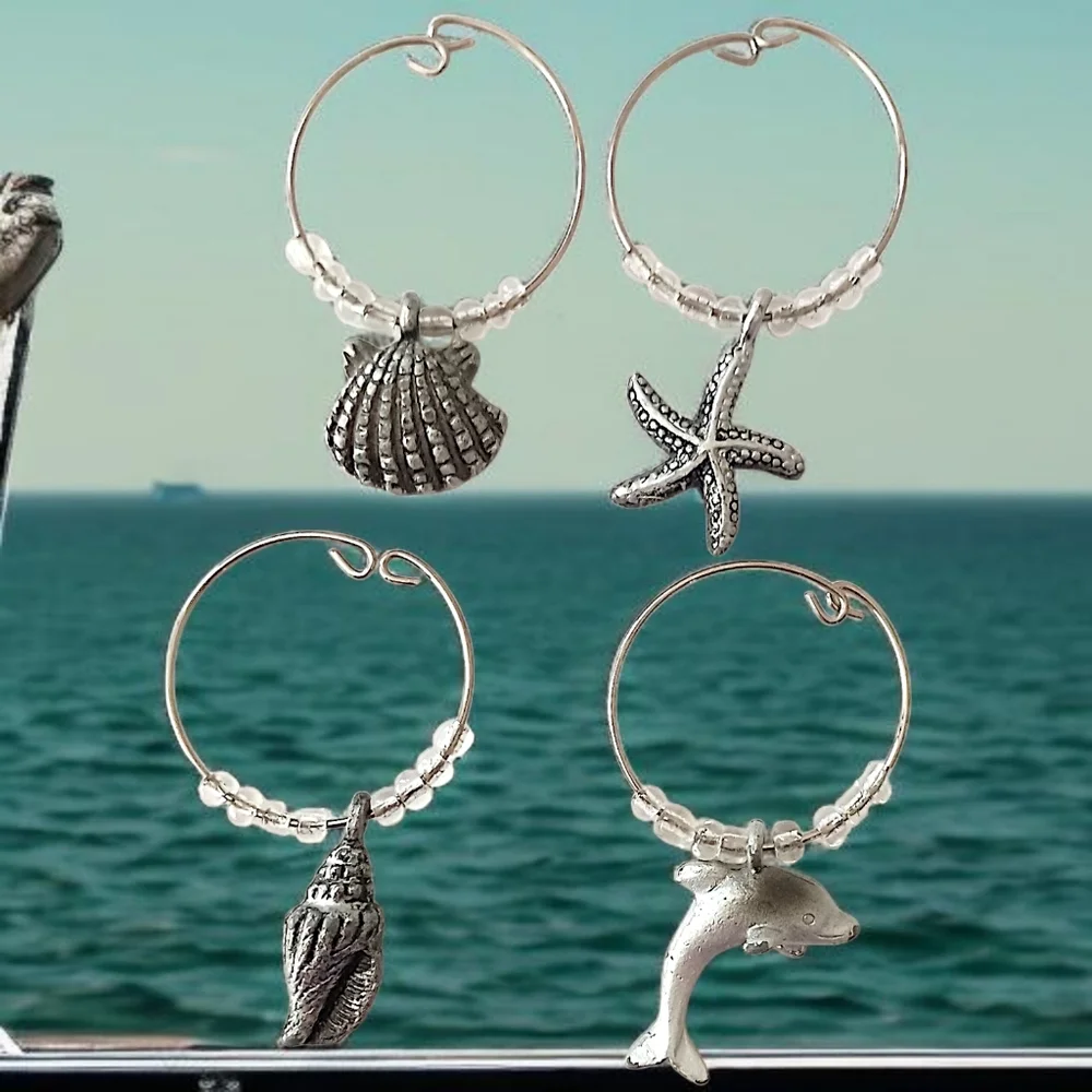 4 Beach Themed Wine Glass Charms Vintage Y2K Silver Tone Beaded Coastal Nautical